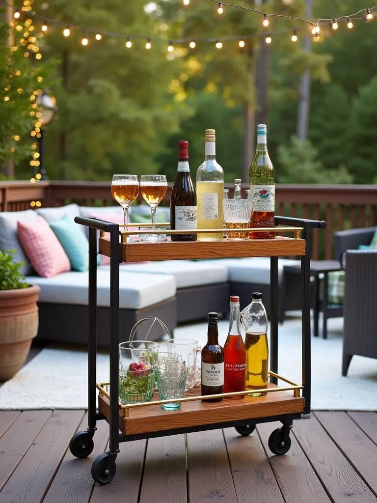 Deck entertaining area featuring a festive outdoor bar cart stocked with drinks and glassware, creating an inviting and convenient setup for outdoor parties and gatherings.
