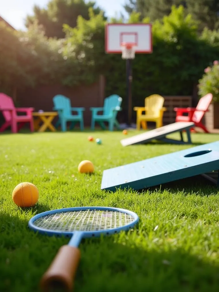 A fun outdoor game zone with badminton, cornhole, and a basketball hoop in a sunny backyard.