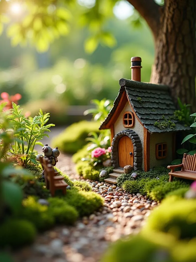 A whimsical fairy garden scene with a miniature house, tiny plants, and a winding pebble path in soft sunlight.