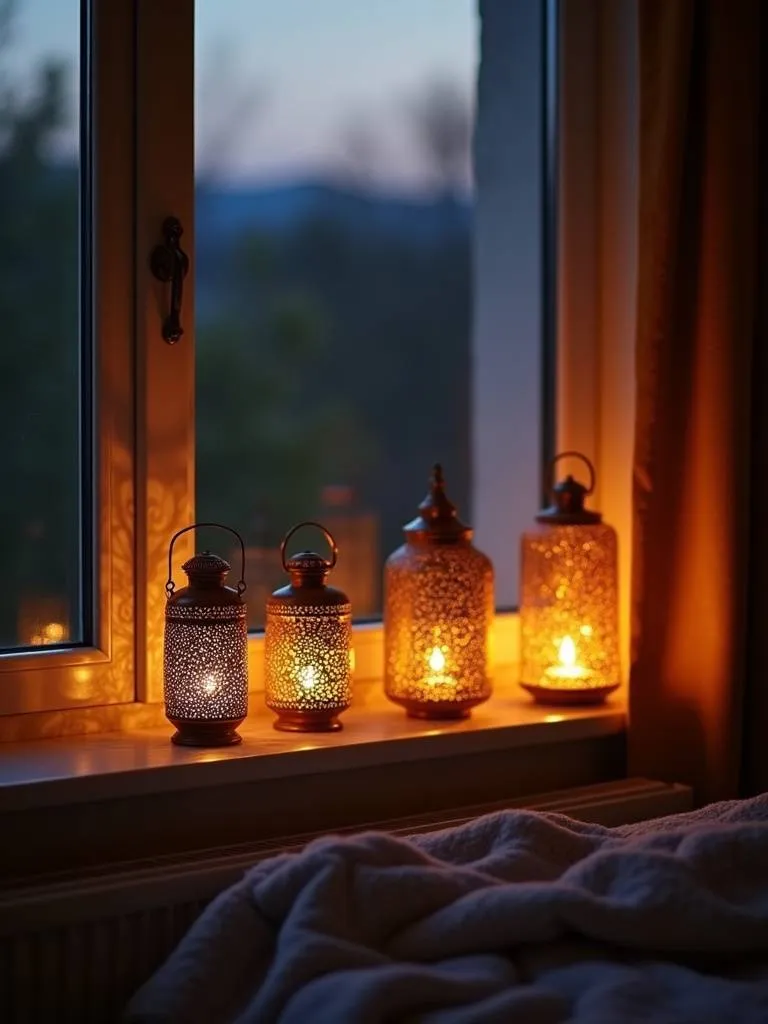 A cozy bedroom scene at dusk with decorative candle lanterns on a windowsill, casting a soft yellow glow and creating a warm and intimate atmosphere