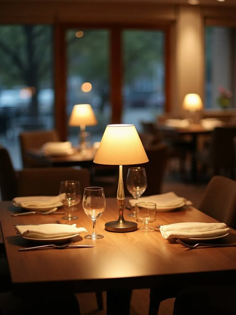 Ambient table lamps offer layered lighting, creating a dining atmosphere.