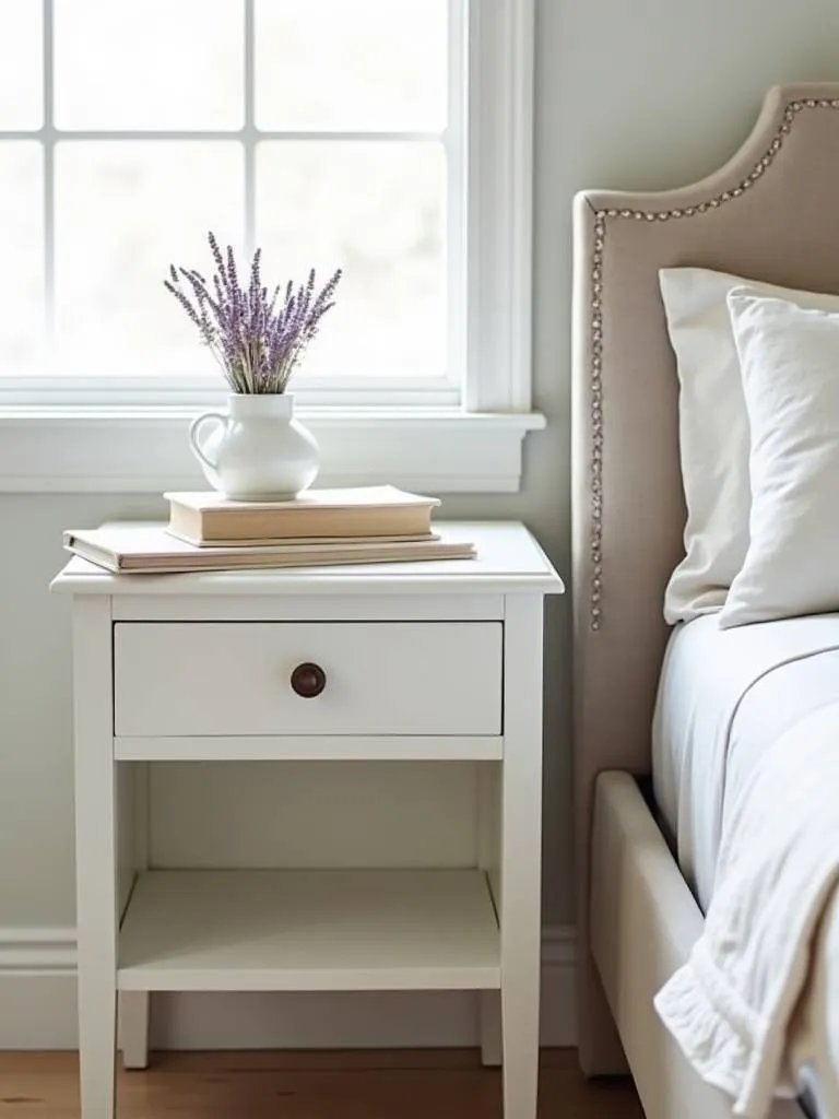 Shabby chic white nightstand with lavender and a vintage book on top, positioned in a softly lit bedroom.