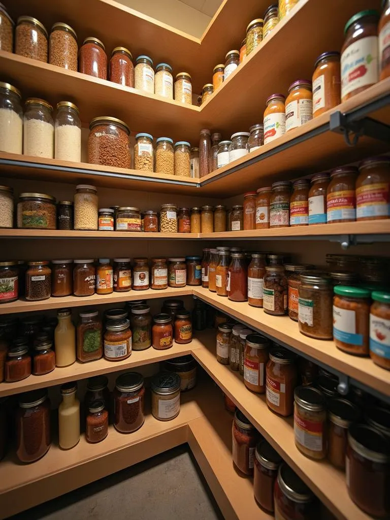Shelf risers in a pantry, doubling the usable shelf space and improving organization.