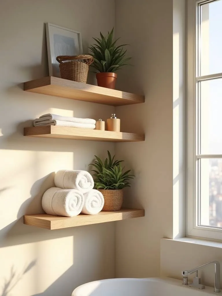 Bathroom corner with light wood floating shelves holding towels, plants, and baskets