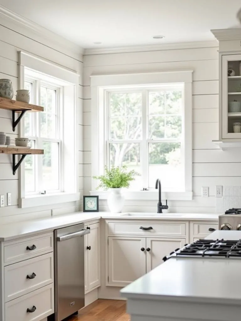Crisp white shiplap walls in a modern farmhouse kitchen, with natural light emphasizing the characteristic horizontal lines and adding depth through shadow play.