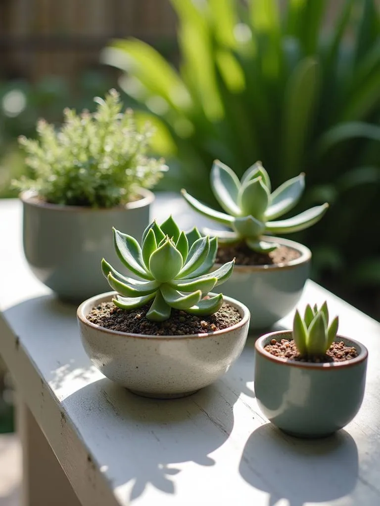 Modern patio table featuring stylish pots and bowls planted with a variety of succulents, creating a low-maintenance and visually appealing garden.