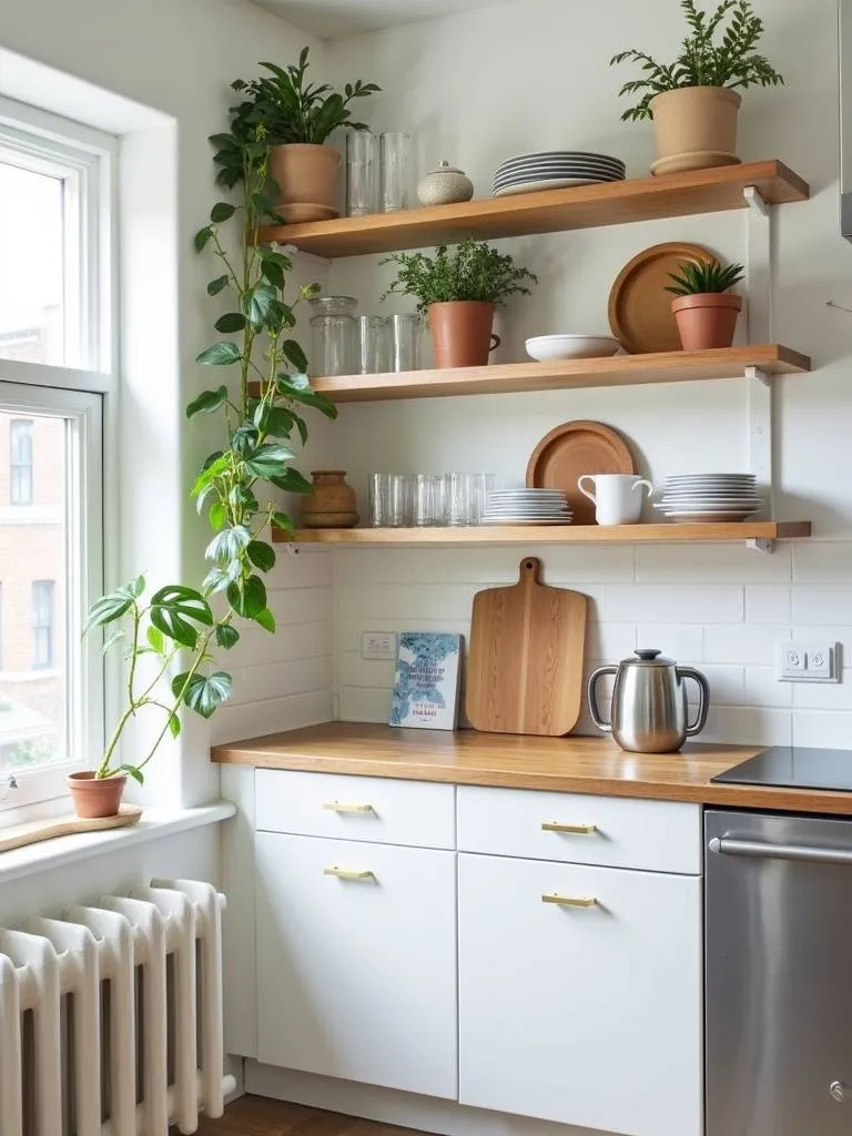 Apartment kitchen with open shelving displaying dishes, cookbooks, and decorative items.