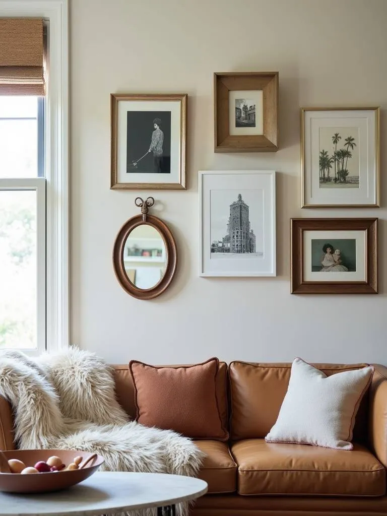 “Living room wall featuring a curated gallery wall with a mix of framed artworks, photographs, and a mirror, reflecting personal style and adding visual interest.”
