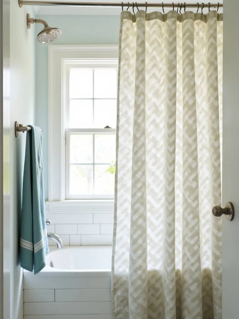 Bright bathroom with a stylish patterned fabric shower curtain