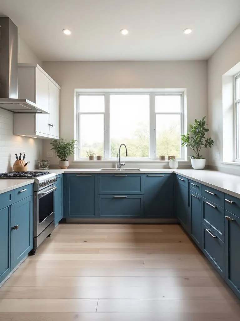 A modern kitchen with slate blue lower cabinets and white uppers.