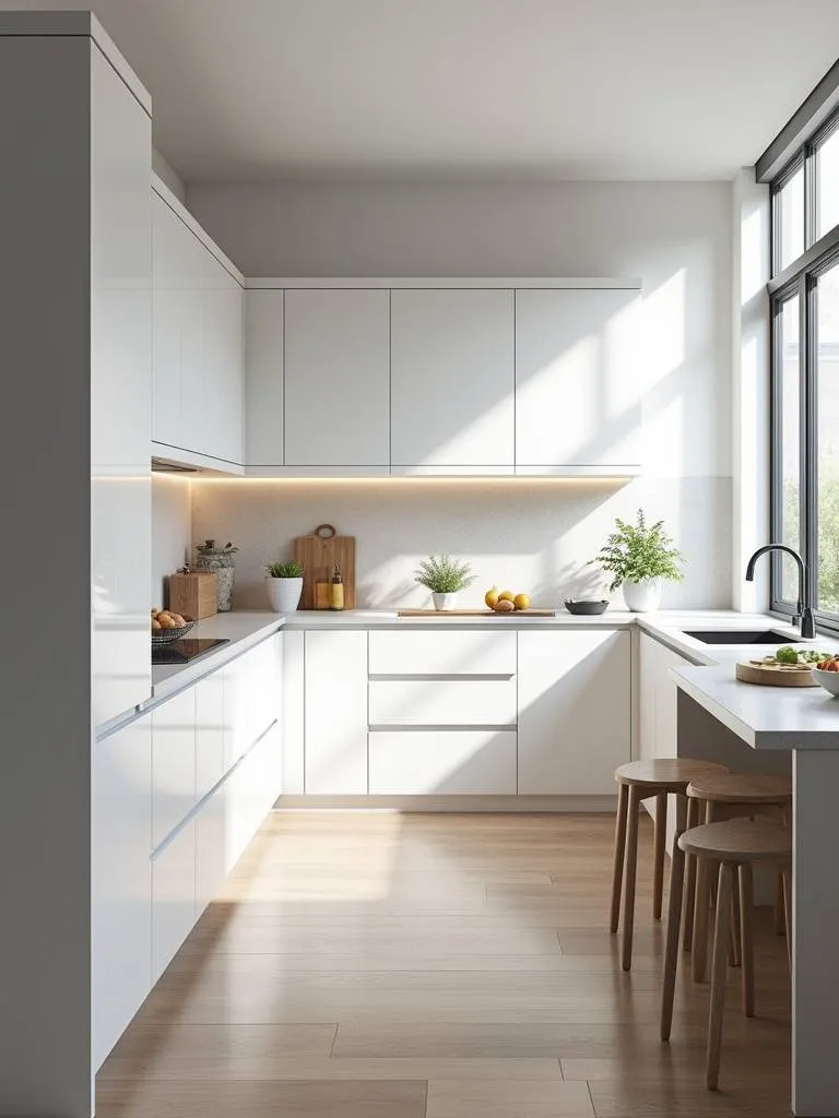 Modern kitchen featuring sleek white handleless cabinets with under-cabinet lighting