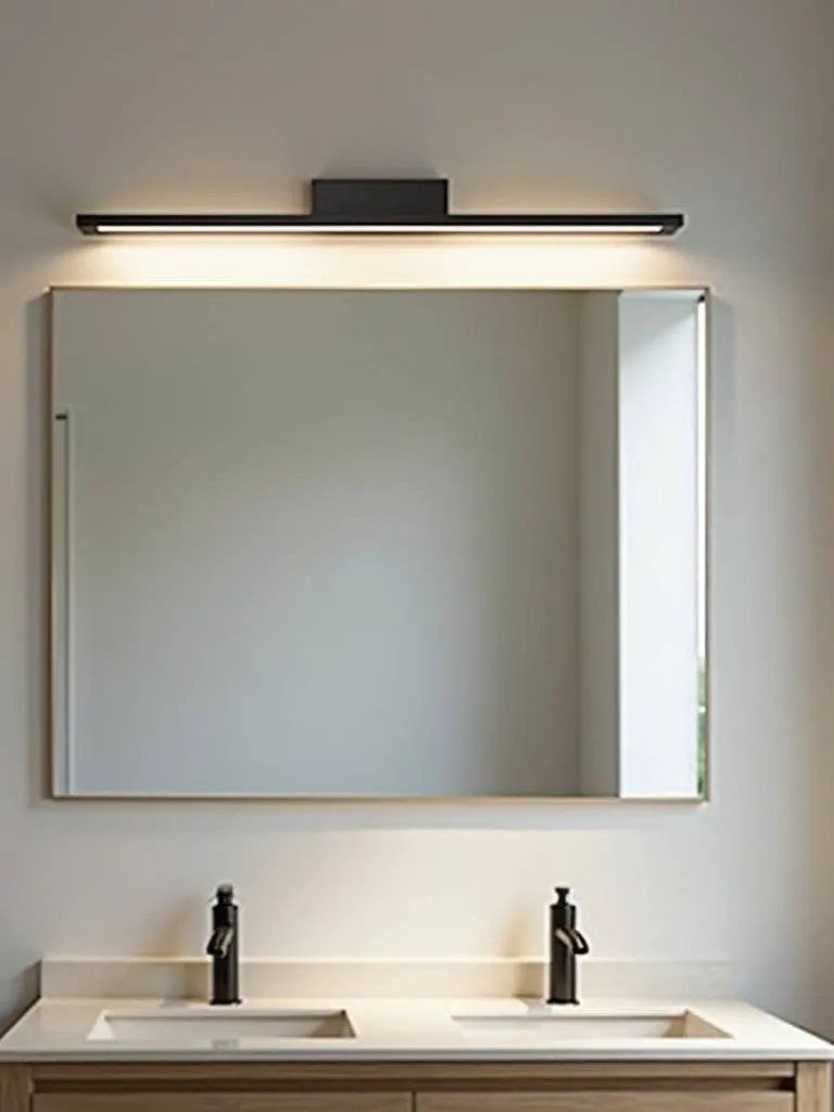 A minimalist bathroom showcasing a sleek matte black linear LED vanity light mounted above a frameless rectangular mirror and light wood vanity. The linear fixture provides even and bright lighting to the vanity area.