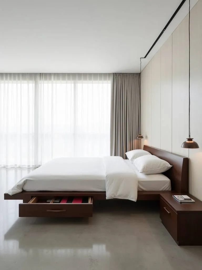 Modern minimalist bedroom featuring a dark wood platform bed with built-in storage drawers.