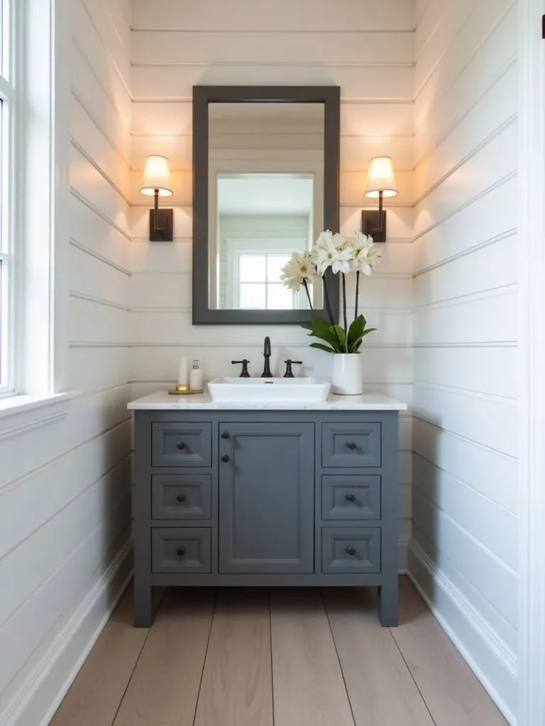 A slim, dark grey vanity fits perfectly in a long, narrow bathroom