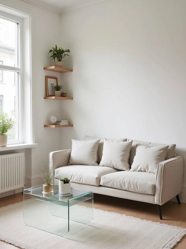“Stylish and space-maximizing small living room featuring a compact sofa, acrylic coffee table, wall-mounted shelves, and light color palette to create an airy feel.”