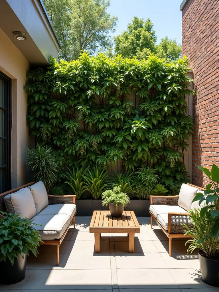 A small patio featuring a vertical garden on the wall using various planter boxes.