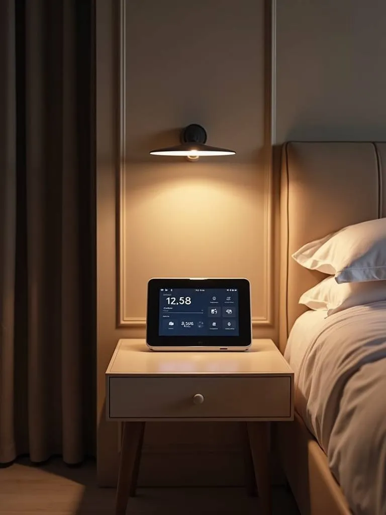 Modern luxury bedroom featuring seamless smart home integration with a bedside control panel.