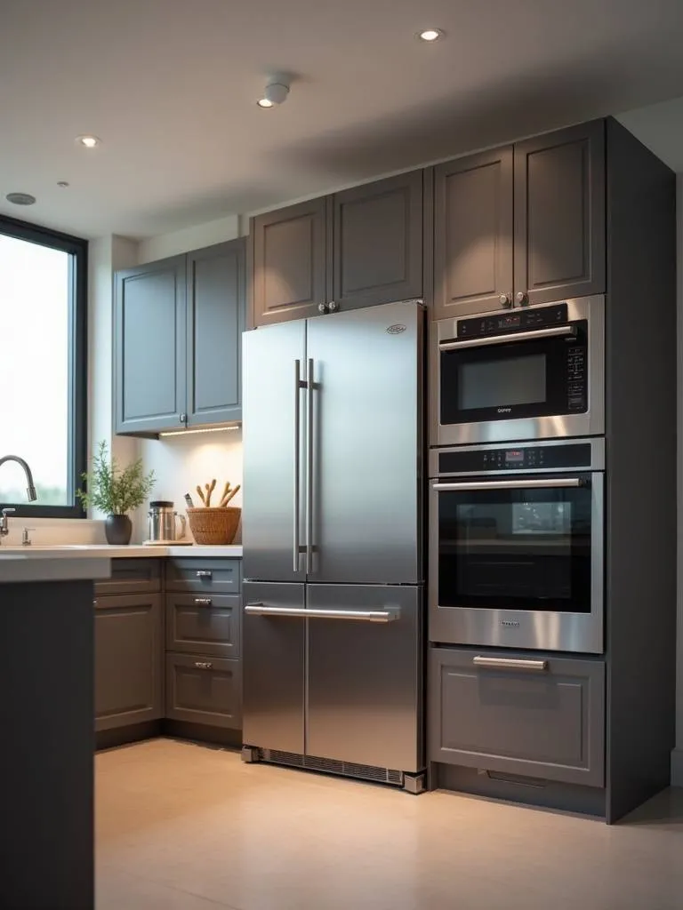 Contemporary kitchen with sleek stainless steel smart appliances including a refrigerator and oven