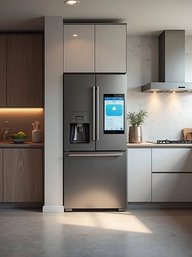 Modern kitchen equipped with smart appliances, including a touchscreen refrigerator