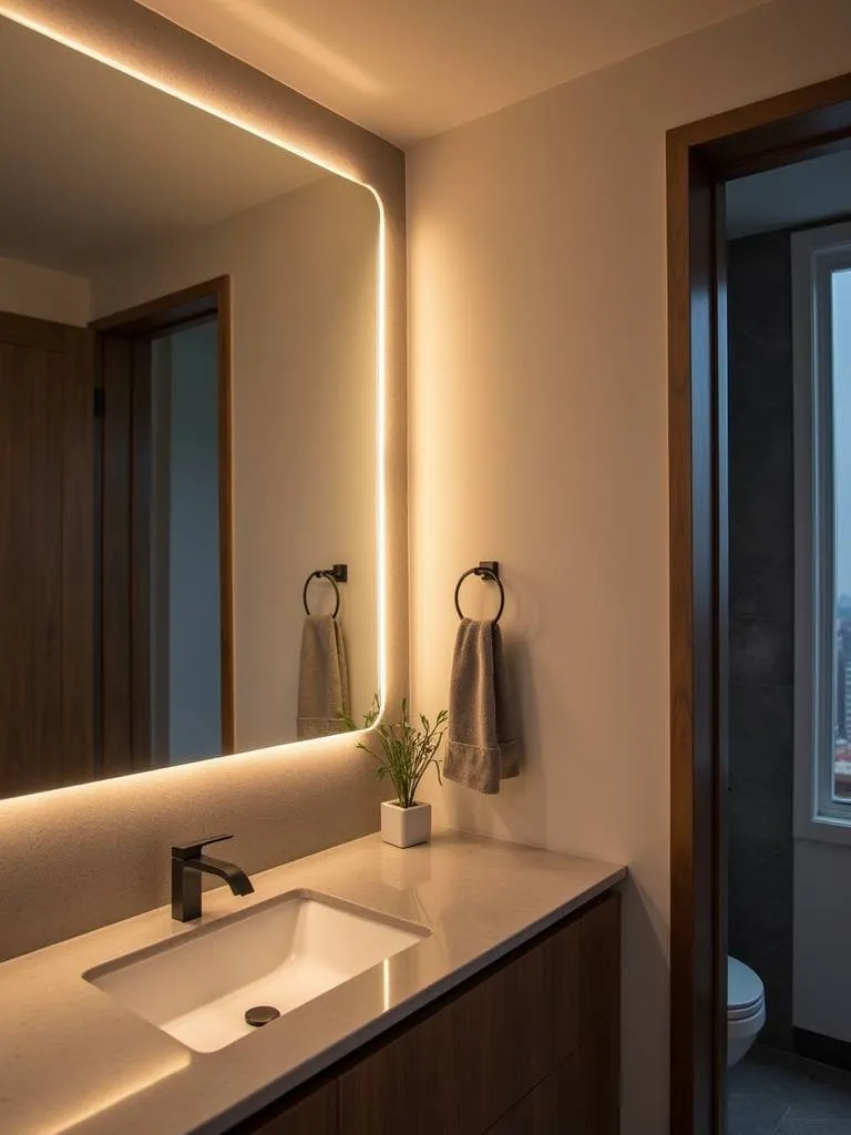 A smart home modern bathroom featuring smart vanity lighting with adjustable color temperature, showcasing the dynamic and customizable features of smart home technology.
