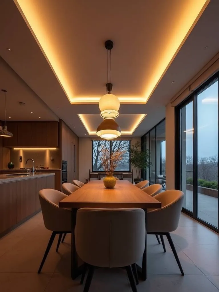 Modern dining room featuring smart lighting solutions with voice control and color changing capabilities