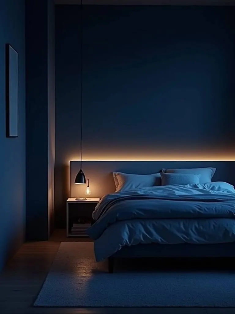Modern bedroom at night showcasing soft, warm ambient lighting from a smart LED system.