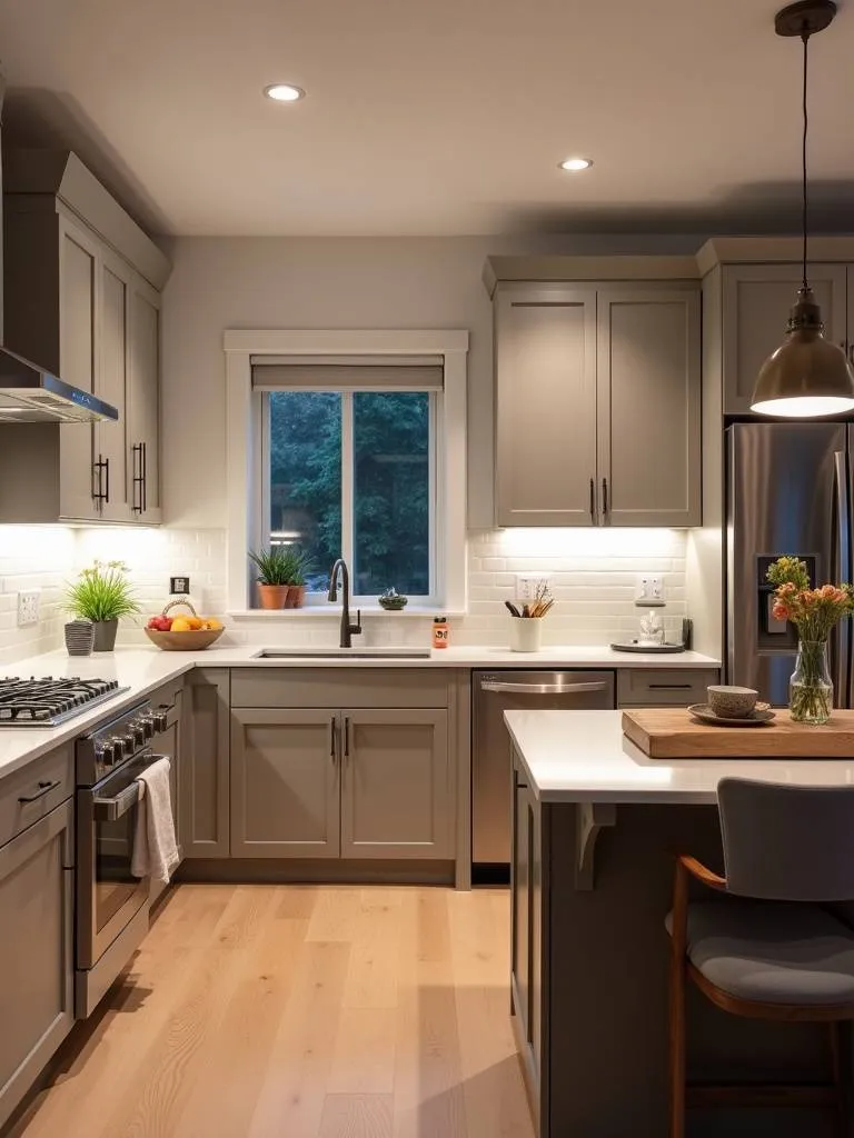 Modern smart kitchen with voice-controlled lighting.