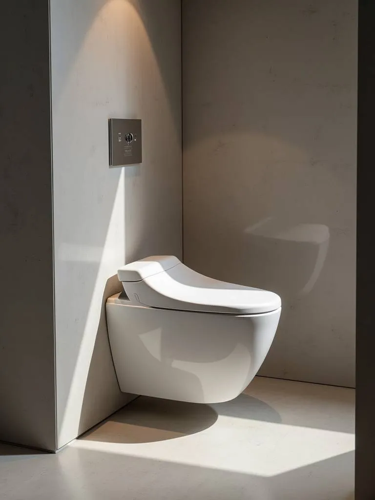 A sleek smart toilet with bidet functionality in a contemporary bathroom.