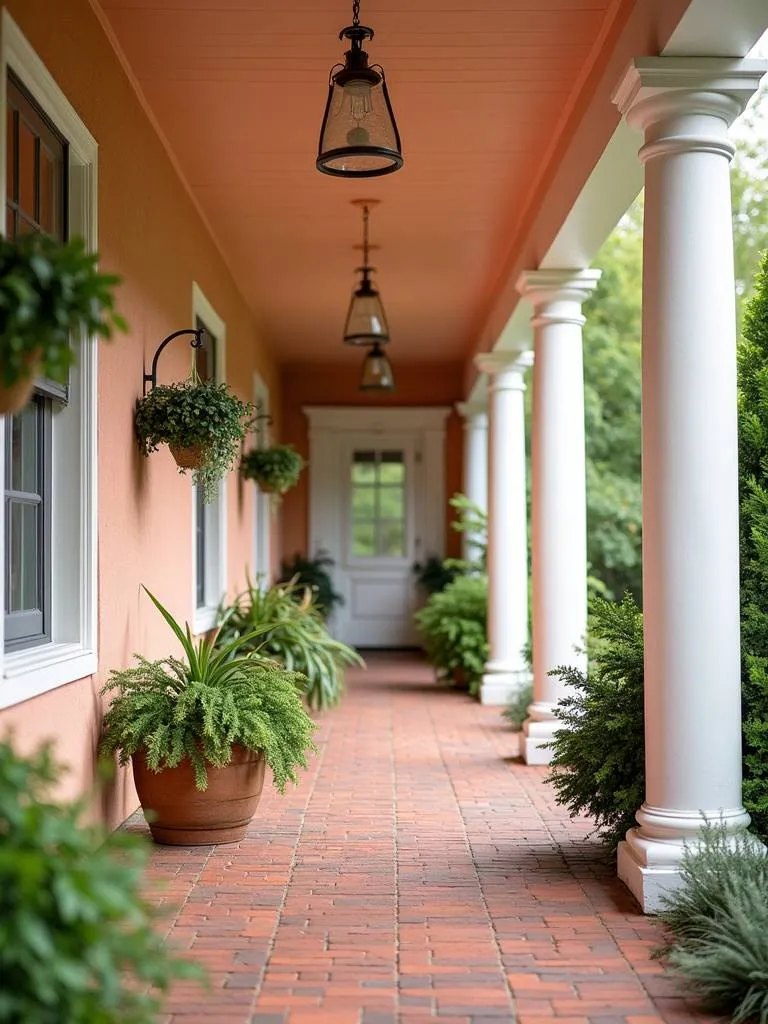 Welcoming peach colored porch with hanging plants