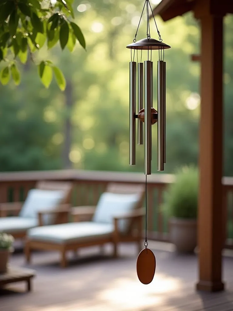 Deck relaxation area featuring elegant wind chimes gently swaying in the breeze, creating a soothing and tranquil soundscape in a peaceful outdoor setting.