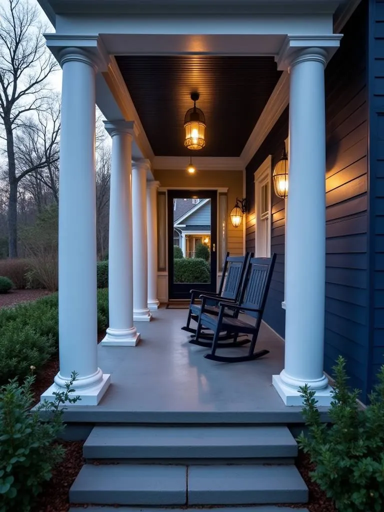 Classic navy blue porch with white columns