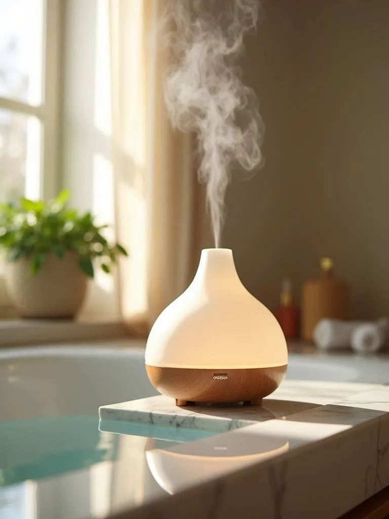 A modern aromatherapy diffuser releasing a fragrant mist in a serene bathroom.