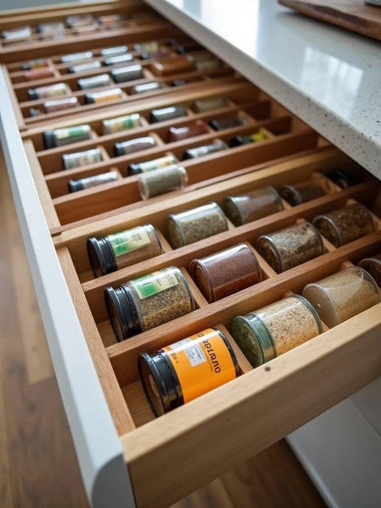 Spice drawer inserts in a kitchen drawer, organizing spice jars horizontally for easy viewing and access.