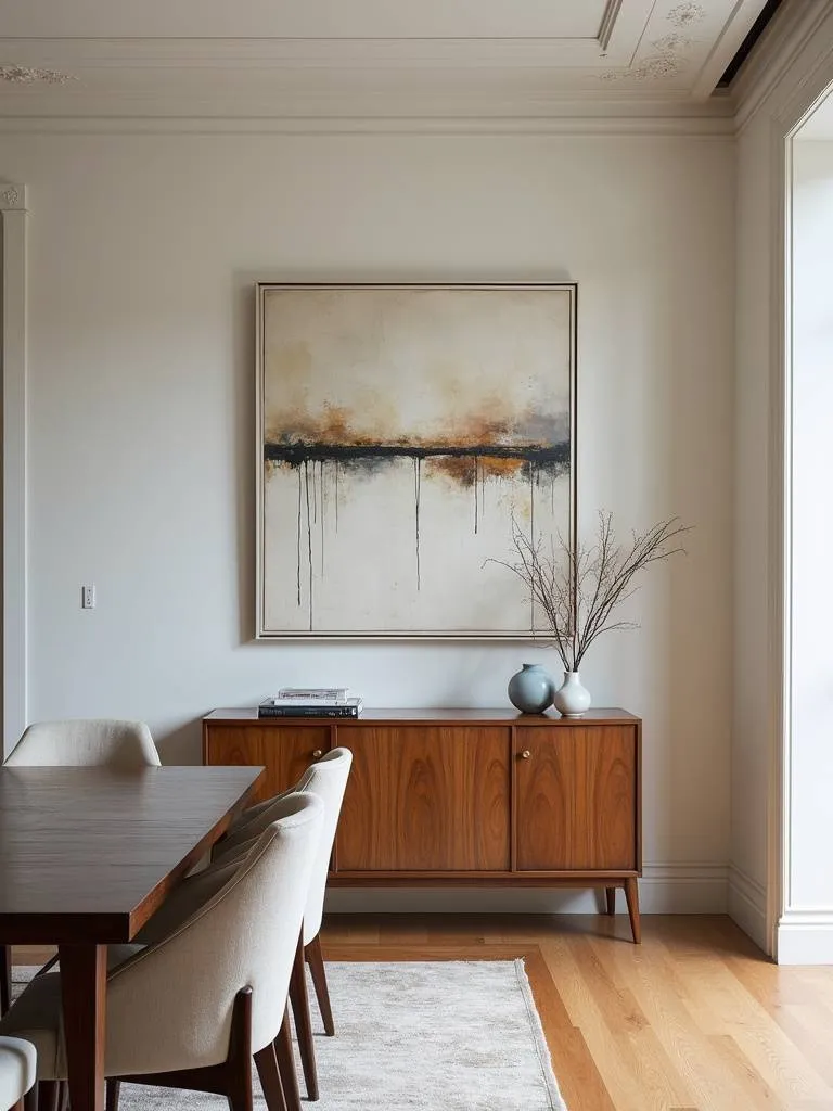 Abstract wall art hangs above a table in a naturally lit dining room.