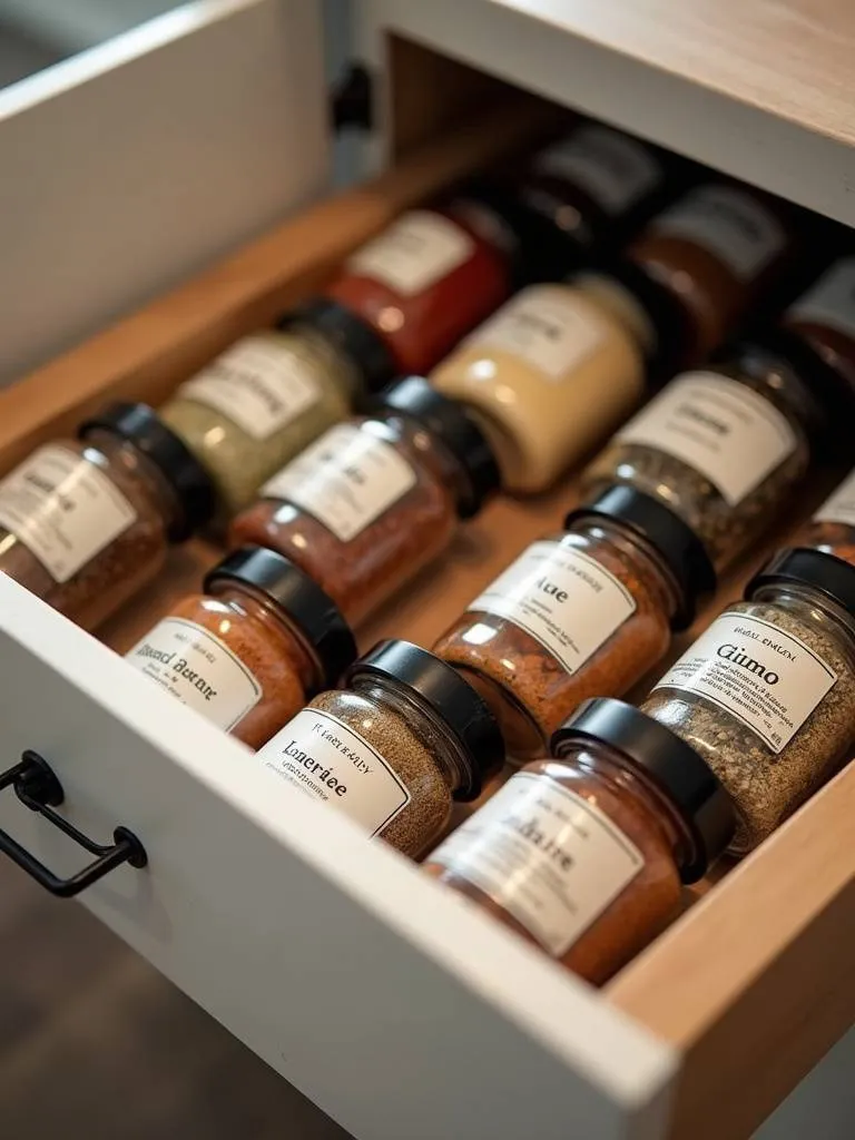 Apartment kitchen spice drawer organized with matching spice jars and labels.