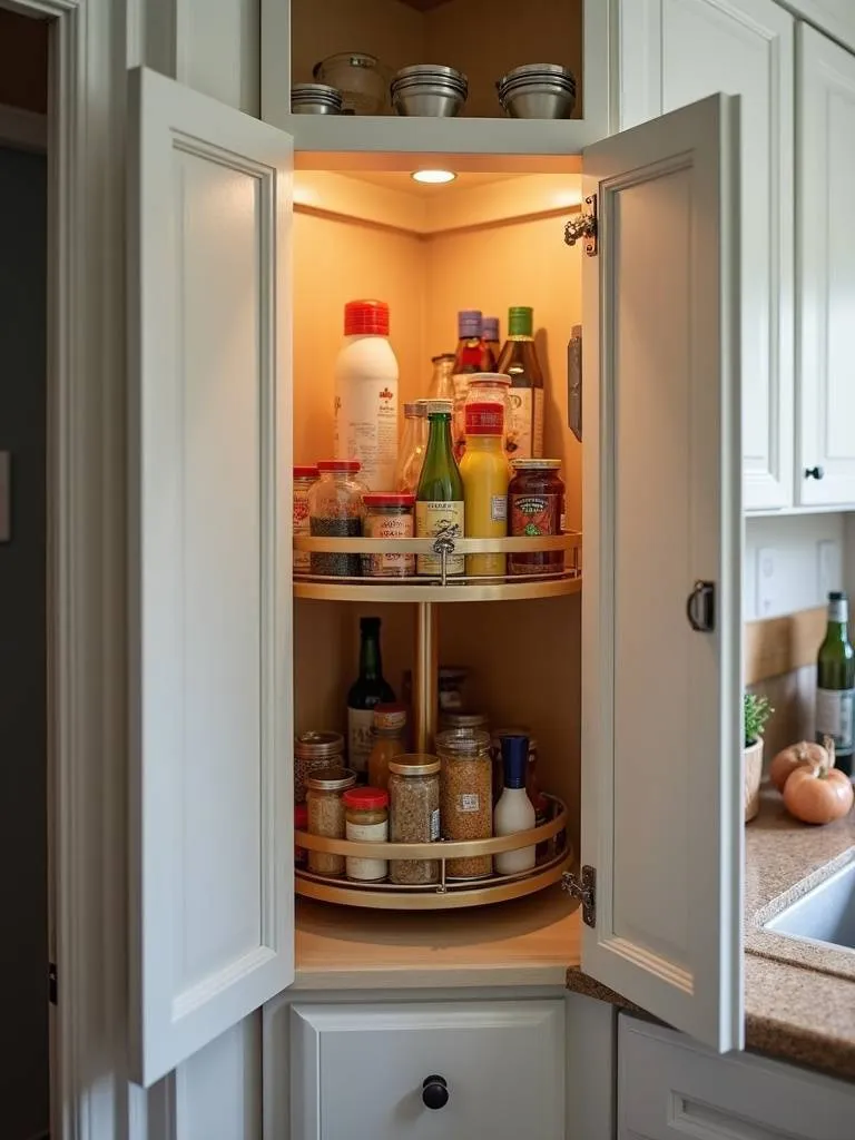 Apartment kitchen corner cabinet with a lazy susan for easy access to stored items.