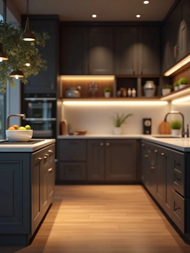 Modern kitchen with strategically placed spotlights.