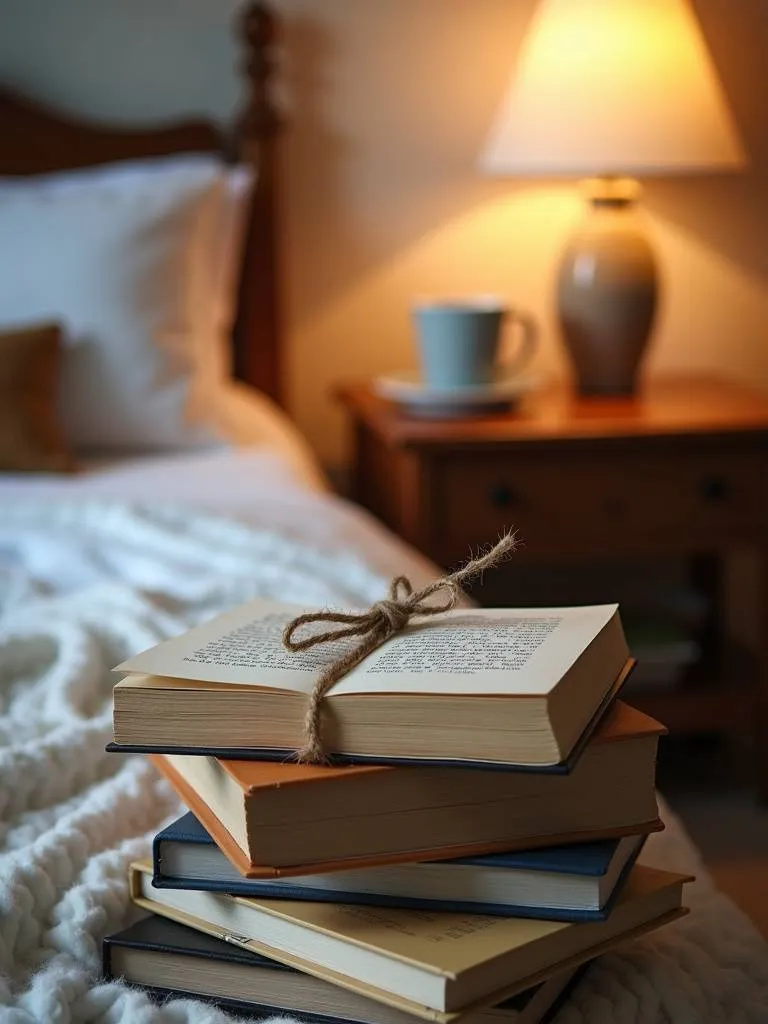 A close-up of a bedside table in a cozy bedroom featuring a stack of books tied with twine, accompanied by a reading lamp and a mug, creating a warm and inviting reading nook