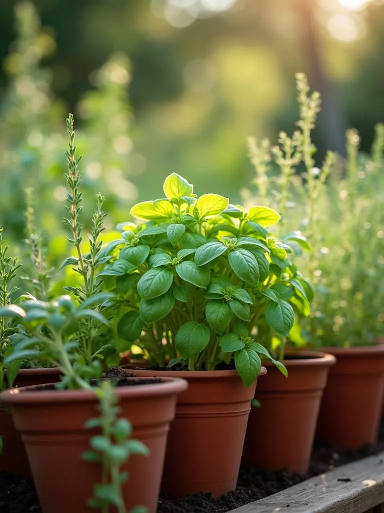 Small herb garden with various herbs growing in terracotta pots.