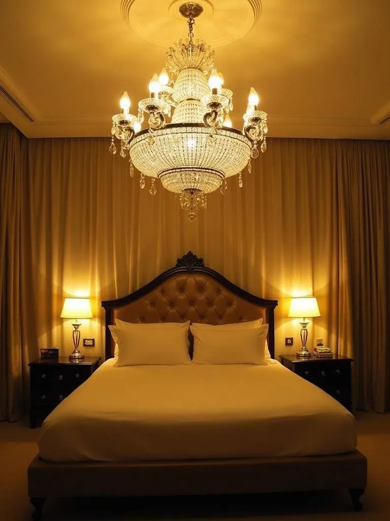 Grand luxury bedroom illuminated by a stunning crystal chandelier hanging above the bed.