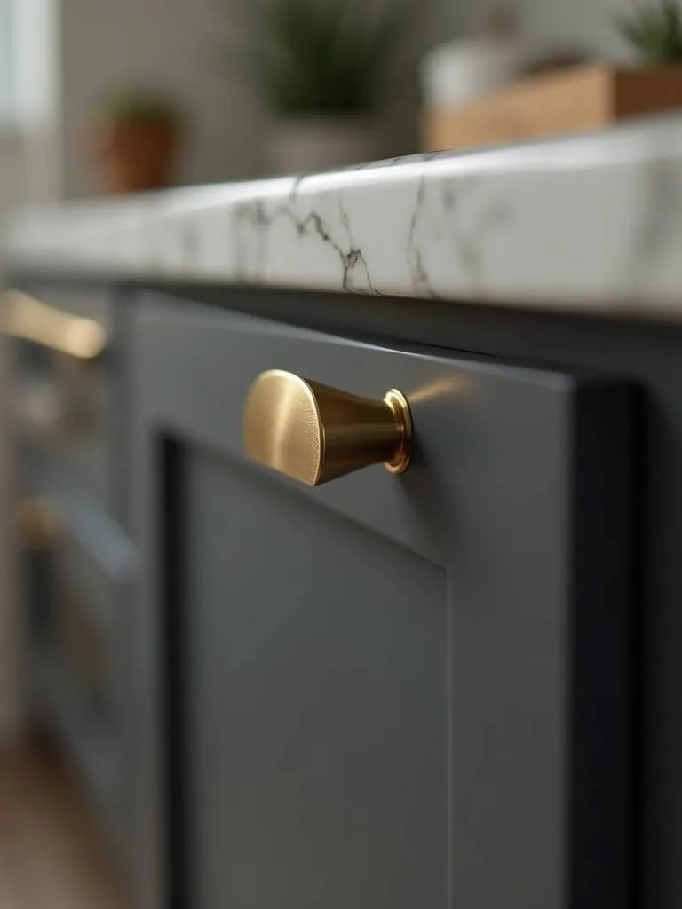 Close-up of stylish gold cabinet hardware in a contemporary kitchen