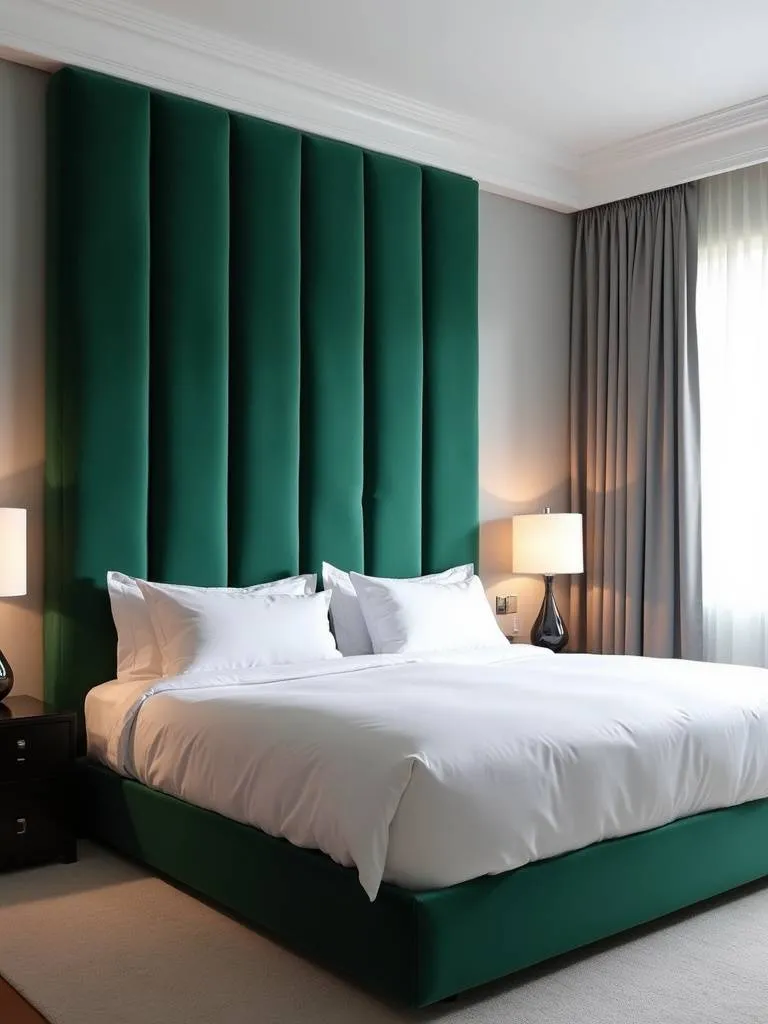 Modern bedroom featuring a king-size bed with a tall, emerald green velvet channel-tufted headboard as the central design element.