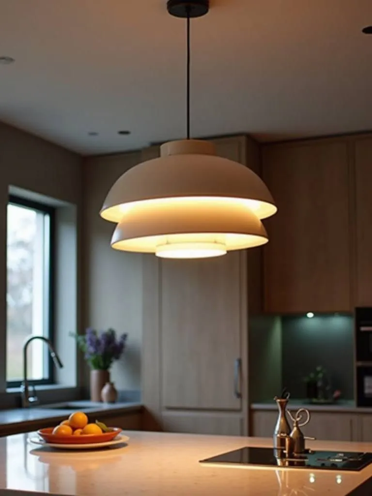 Luxurious modern kitchen with a bold pendant light.