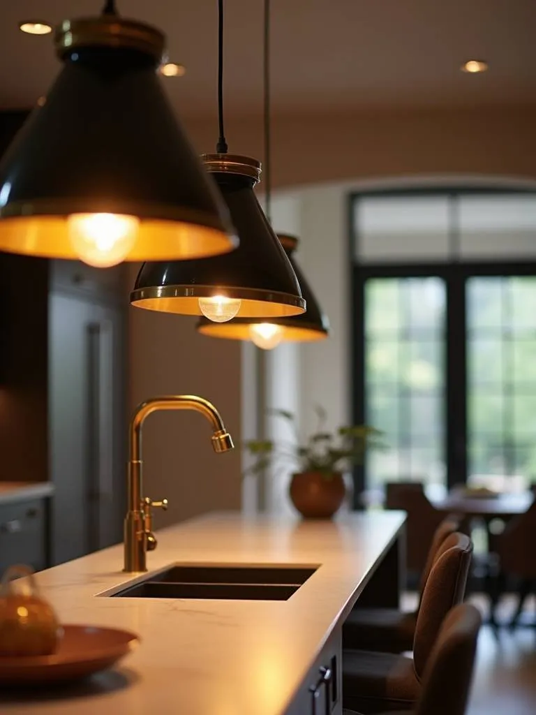 Contemporary kitchen island illuminated by modern gold accent pendant lights