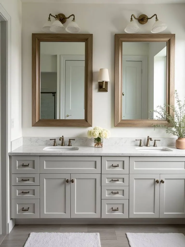 Modern statement mirrors over a bathroom vanity, showcasing elegant design.