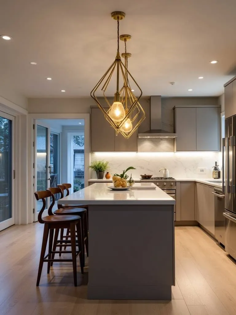 Modern kitchen featuring a large island illuminated by three brass geometric pendant lights