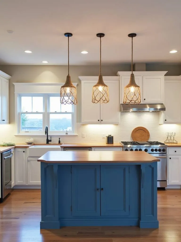 Coastal kitchen island illuminated by three rope pendant lights.