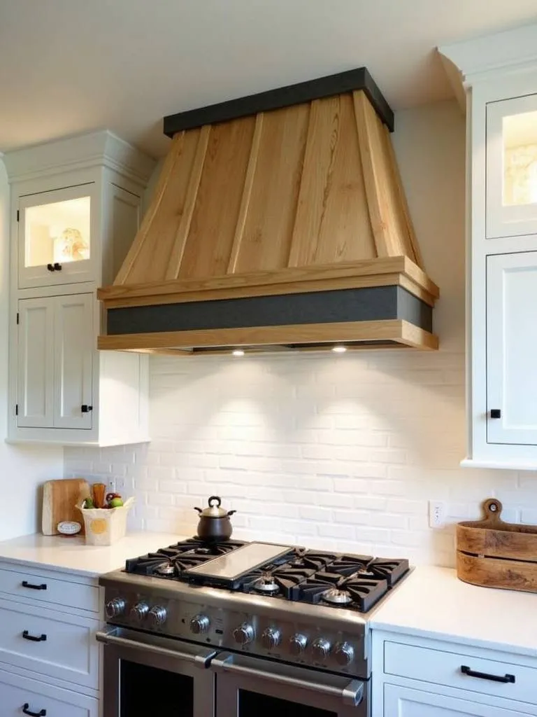 Striking farmhouse range hood featuring custom design elements and mixed materials, serving as a beautiful focal point.