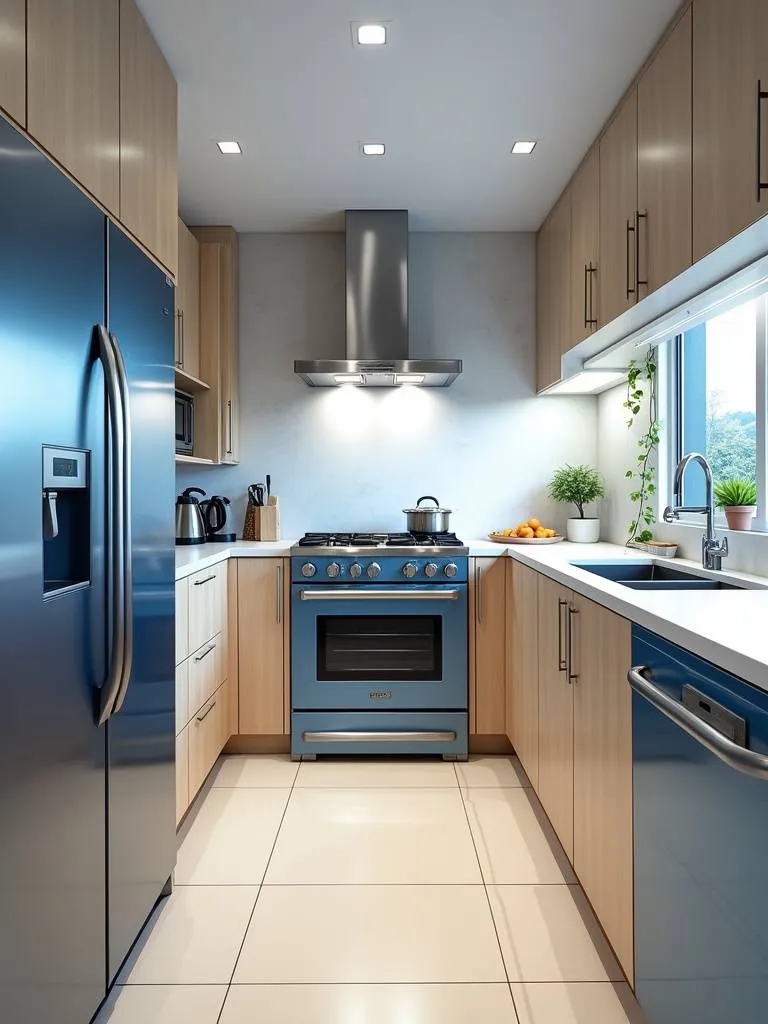 A modern kitchen featuring steel blue metallic accents.
