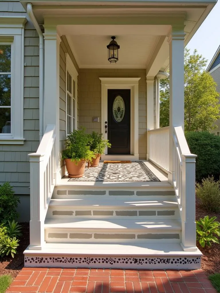 Porch with stenciled paint patterns and potted plants